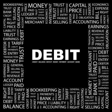 DEBIT. Word collage on black background. clipart