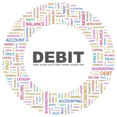 DEBIT. Word collage on black background. clipart