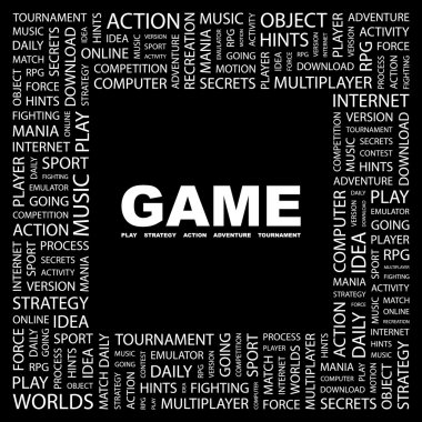 GAME. Word collage on black clipart