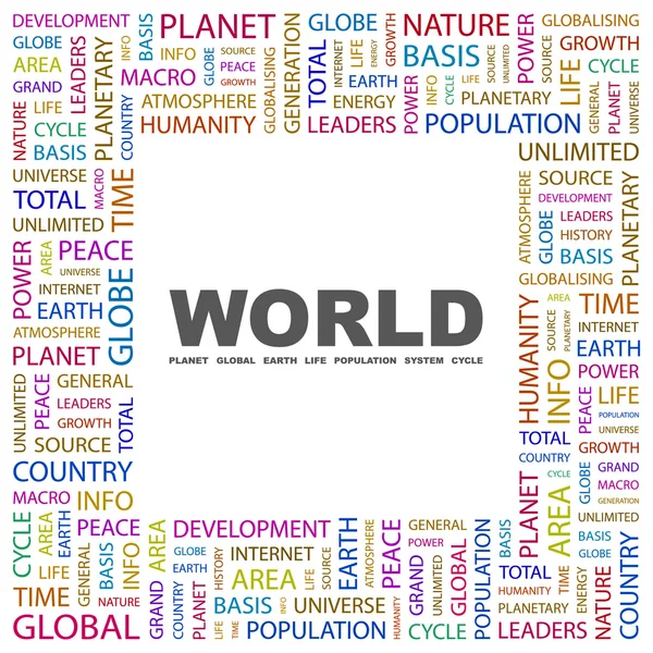 Le monde. Collage de mots sur fond blanc — Image vectorielle
