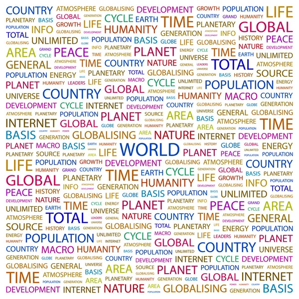 Le monde. Collage de mots sur fond blanc — Image vectorielle