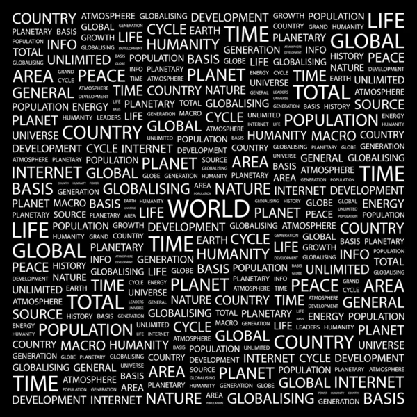 Le monde. Collage Word sur fond noir — Image vectorielle