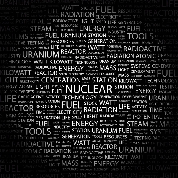 原子力。黒の背景に単語のコラージュ — ストックベクタ