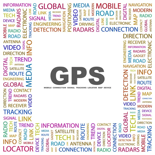 GPS. λέξη κολάζ σε λευκό — Διανυσματικό Αρχείο