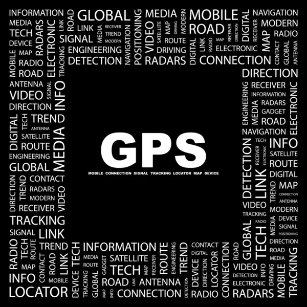GPS. słowo kolaż na czarny — Wektor stockowy