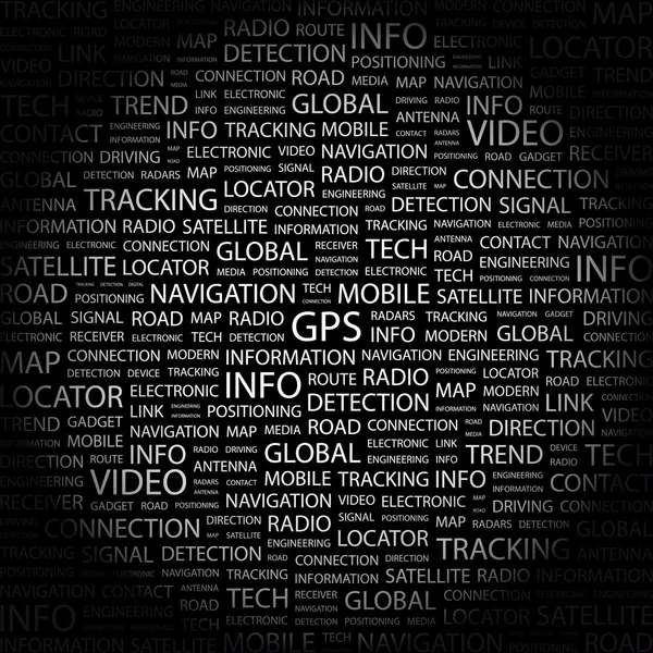 GPS. woord collage op zwart — Stockvector