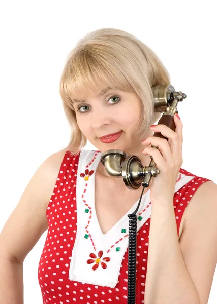La mujer hermosa con teléfono antiguo — Foto de Stock
