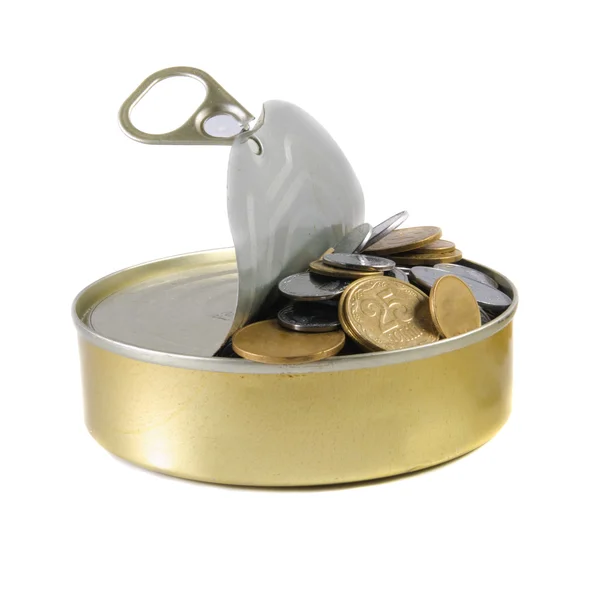 stock image Coins in a tin can .