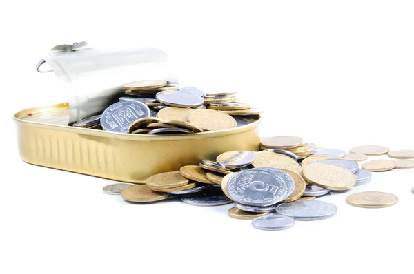 Coins in a tin can . — Stock Photo, Image