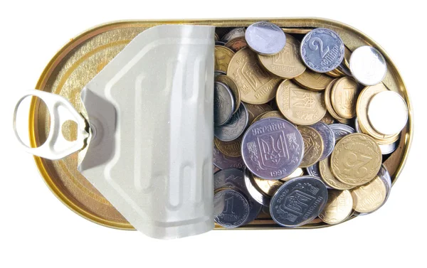 Mynt i en plåtburk . — Stockfoto