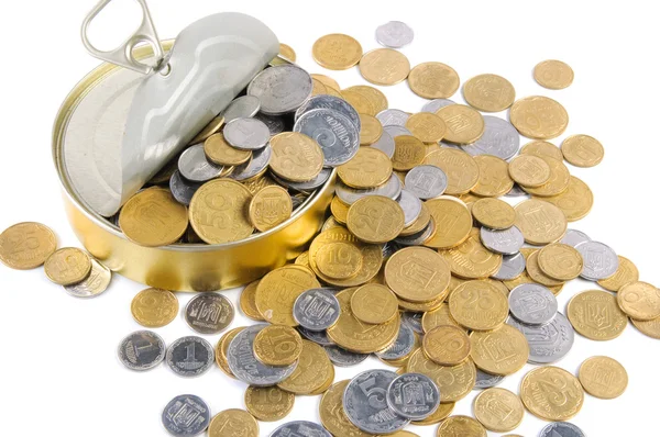 Coins in a tin can . — Stock Photo, Image