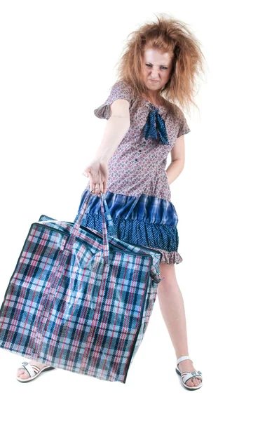 Κουρασμένος γυναίκα με τσάντα για ψώνια. — Φωτογραφία Αρχείου