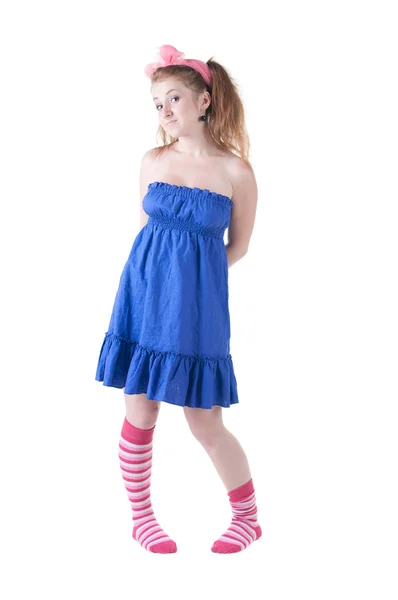 Lovely red-haired girl in dark blue sundress. — Stock Photo, Image