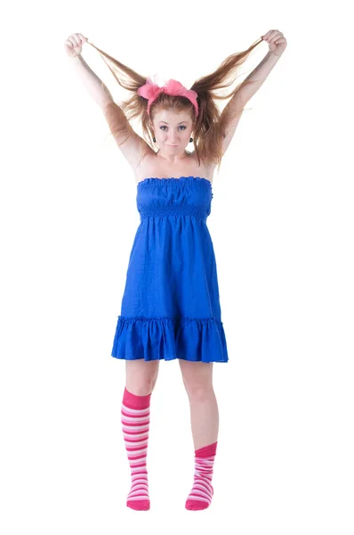 Lovely red-haired girl in dark blue sundress. — Stock Photo, Image