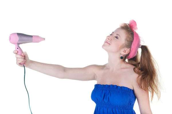 Red-haired girl with the hair dryer — Stock Photo, Image