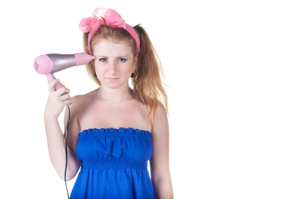 Garota ruiva com o secador de cabelo — Fotografia de Stock