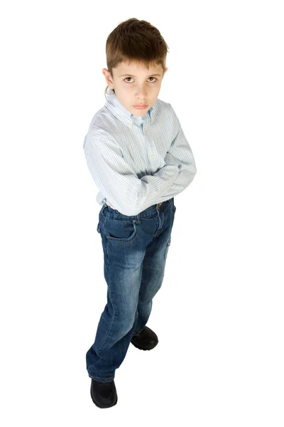 Vážné chlapec stojan a vyhledejte — Stock fotografie
