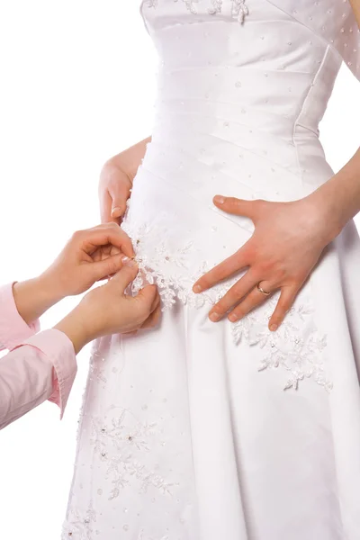 Sastre coser vestido de novia — Foto de Stock