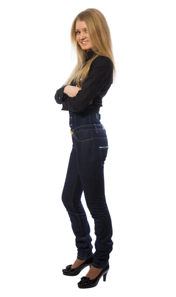Menina beleza vestida de jeans azul escuro — Fotografia de Stock