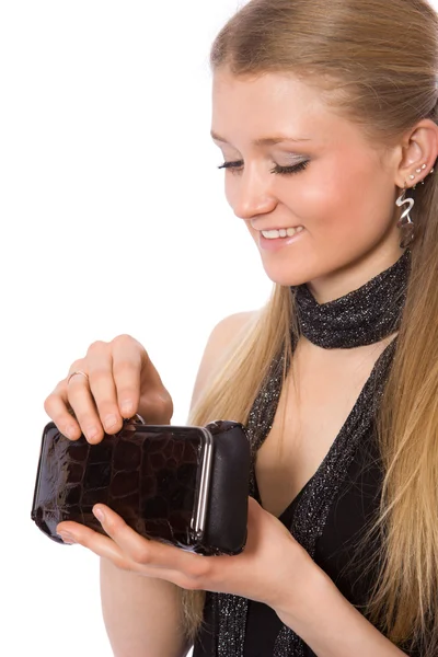 Usmívající se dívka hold dolly-bag v rukou — Stock fotografie