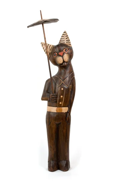 Hout-carving kat met paraplu — Stockfoto
