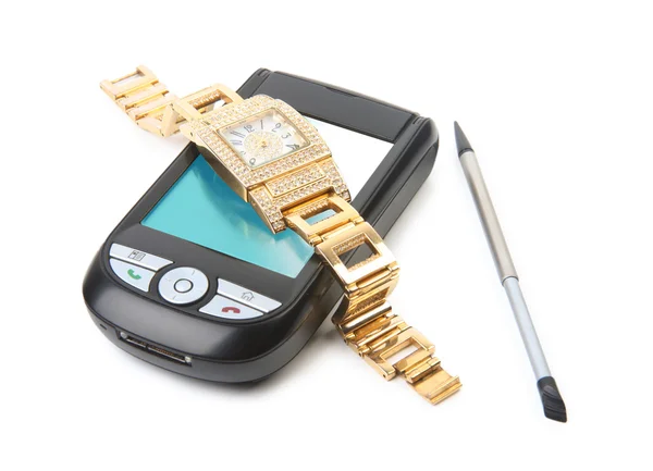 Smartphone and gold watch. — Stock Photo, Image