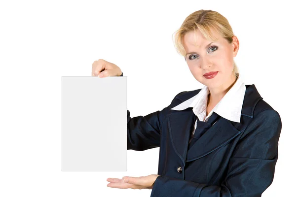 Businesswoman holding blank paper — Stock Photo, Image
