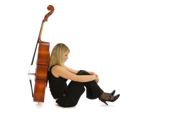 Tristezza musicista donna con violoncello — Foto Stock