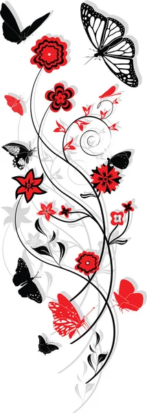 Kelebekler ile çiçek süsleme — Stok Vektör
