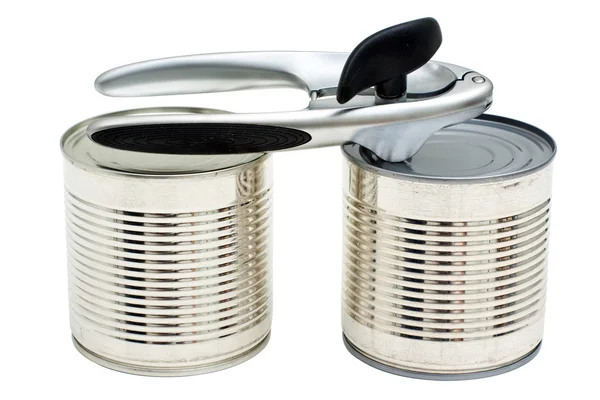 Cans and can-opener — Stock Photo, Image