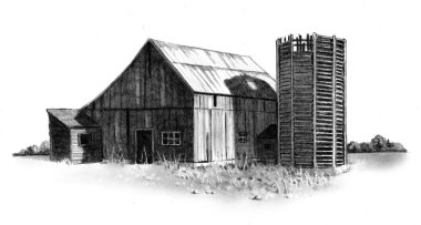 Pencil Drawing of Old Barn and Silo clipart