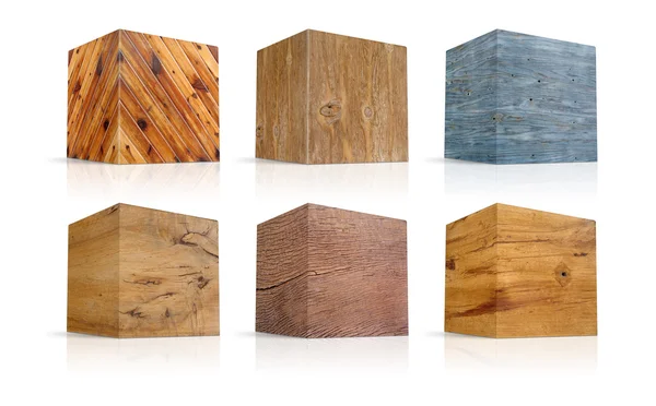 在不同类型的木材中的多维数据集 — 图库照片