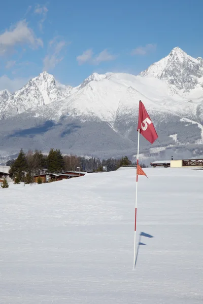 Rode vlag in het gat op golf field — Stockfoto