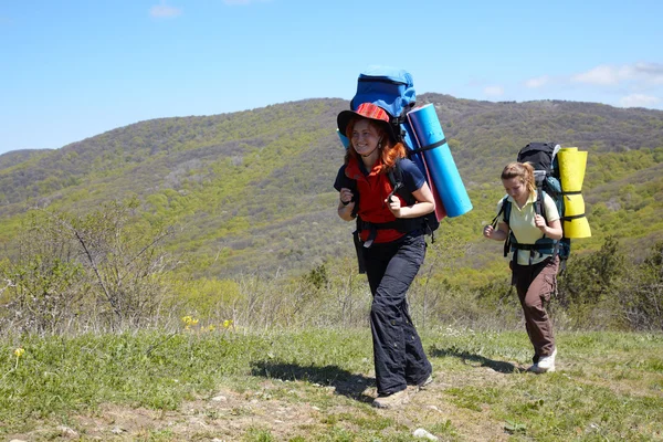 산에서 걷는 도보 여행자 소녀 — 스톡 사진