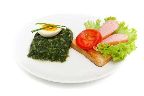 Restovaným špenátem, vajíčko a sendvič — Stock fotografie