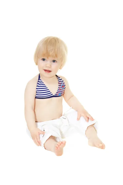 Dziecko dziewczyna w kostiumie kąpielowym na białym tle — Zdjęcie stockowe