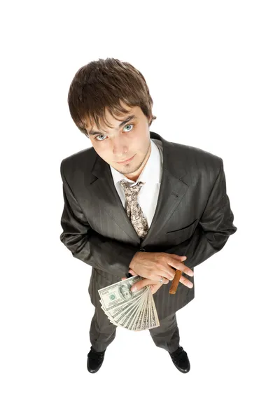 Young businessman holding money and a cigar, fis — Stock Photo, Image