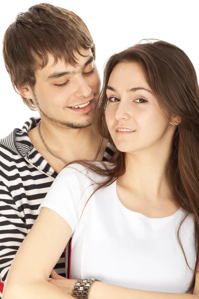 Jovem casal feliz no amor isolado no branco — Fotografia de Stock
