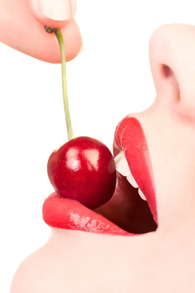 Sexy red lips with cherry isolated on white — Stock Photo, Image