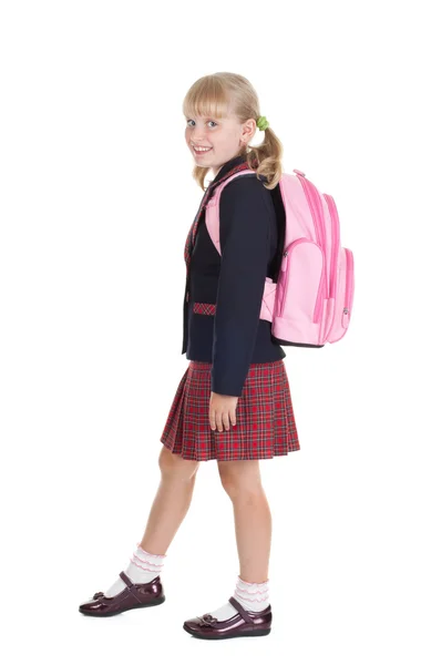 Lycklig skolflicka går till skolan — Stockfoto