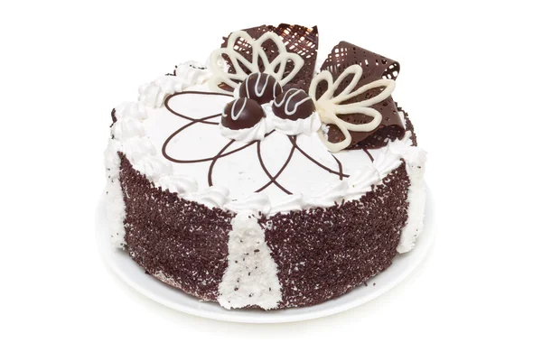 Красиво украшенный торт с белым и темным шоколадом изолировать — стоковое фото