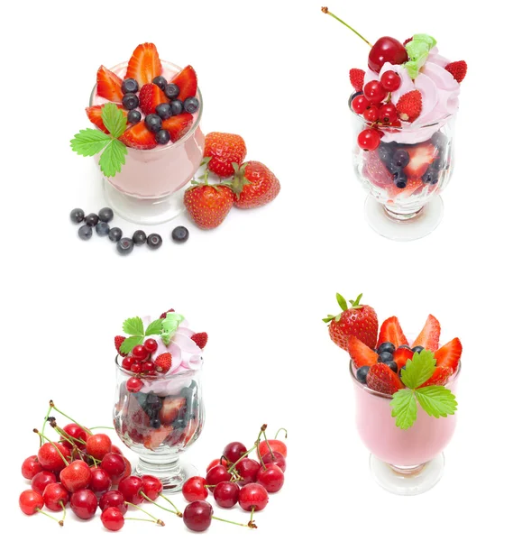 Collage di dessert a base di cagliata di frutta isolati su bianco — Foto Stock