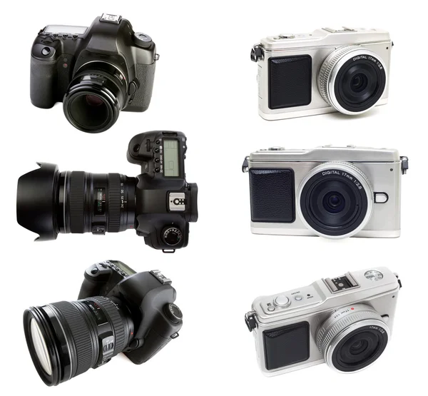 Cámara fotográfica Dslr y cámara digital compacta aislada en blanco — Foto de Stock