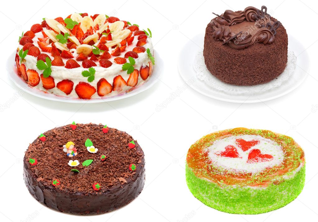 Collage of various cakes isolated on white