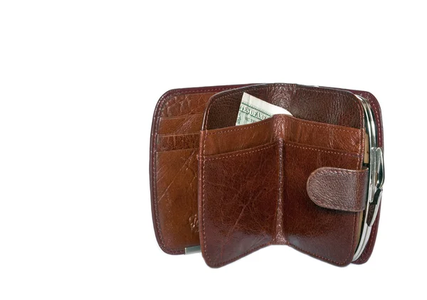 白い背景で隔離の茶色の女性の財布の中のドル — ストック写真