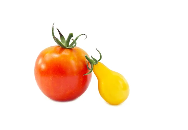Tomates de diferentes variedades, em forma de pêra vermelha e amarela — Fotografia de Stock