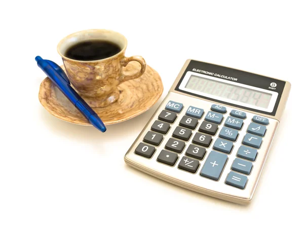 Calculatrice, café et stylo — Photo