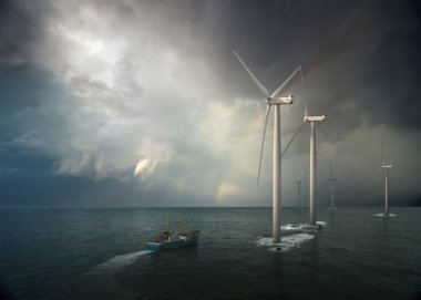 Windmill in ocean. Storm rising clipart