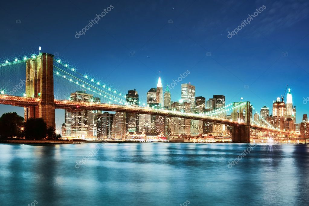 бруклинский мост ночь освещение мегаполис бесплатно