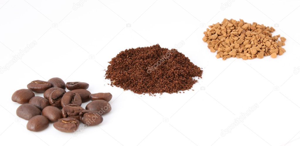 Three types of coffee: beans, ground and instant